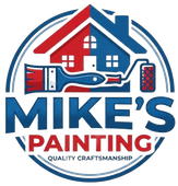 Mike&rsquo;s Painting logo with house, paintbrush, and blue-red text, &ldquo;Quality Craftsmanship&rdquo;