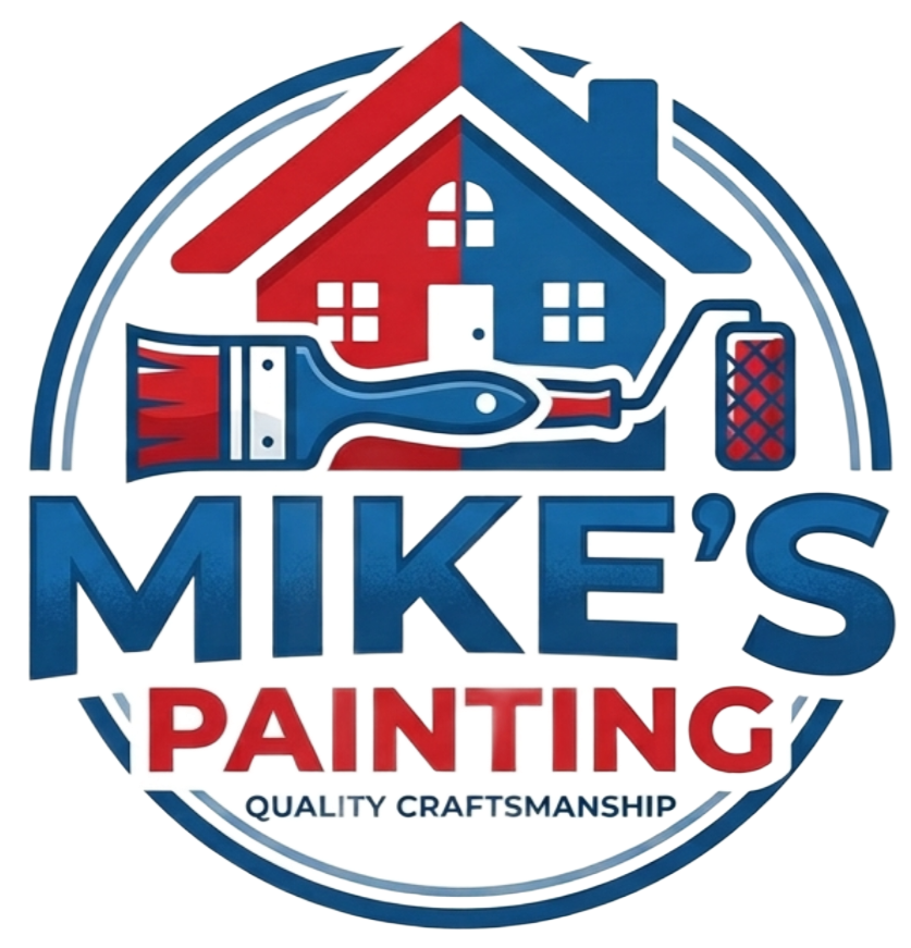 Mike&rsquo;s Painting logo with house, paintbrush, and blue-red text, &ldquo;Quality Craftsmanship&rdquo;