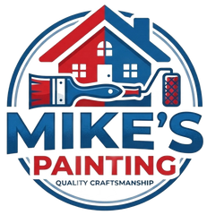 Mike&rsquo;s Painting logo with house, paintbrush, and blue-red text, &ldquo;Quality Craftsmanship&rdquo;