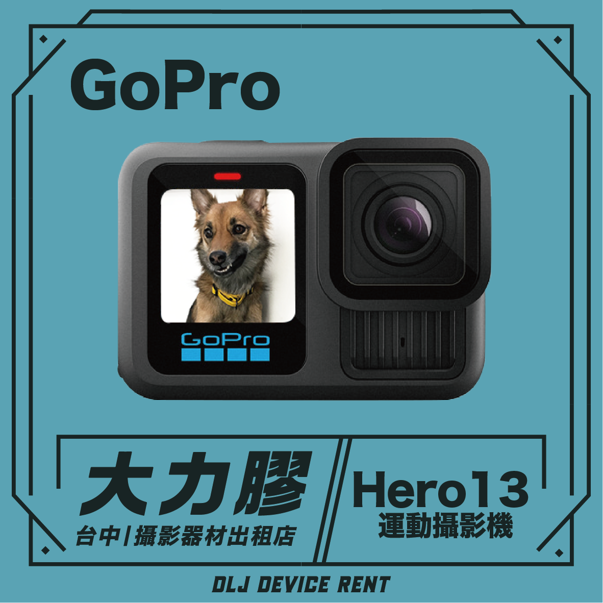 GoPro Hero 13運動相機，螢幕上顯示一隻狗。黑色和灰色，藍綠色背景。