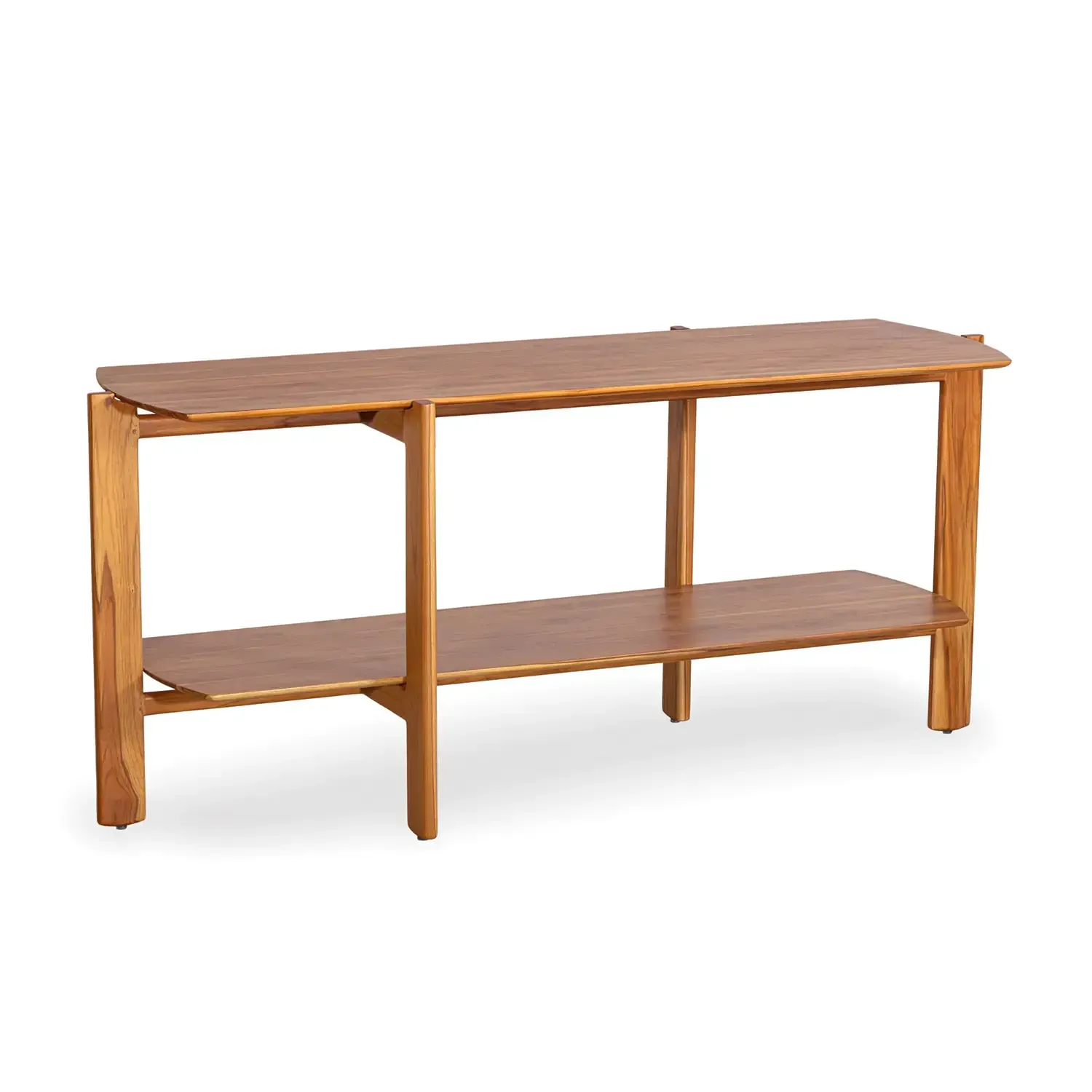 Mesa de bar para área externa com tampo de madeira e base roxa trançada.