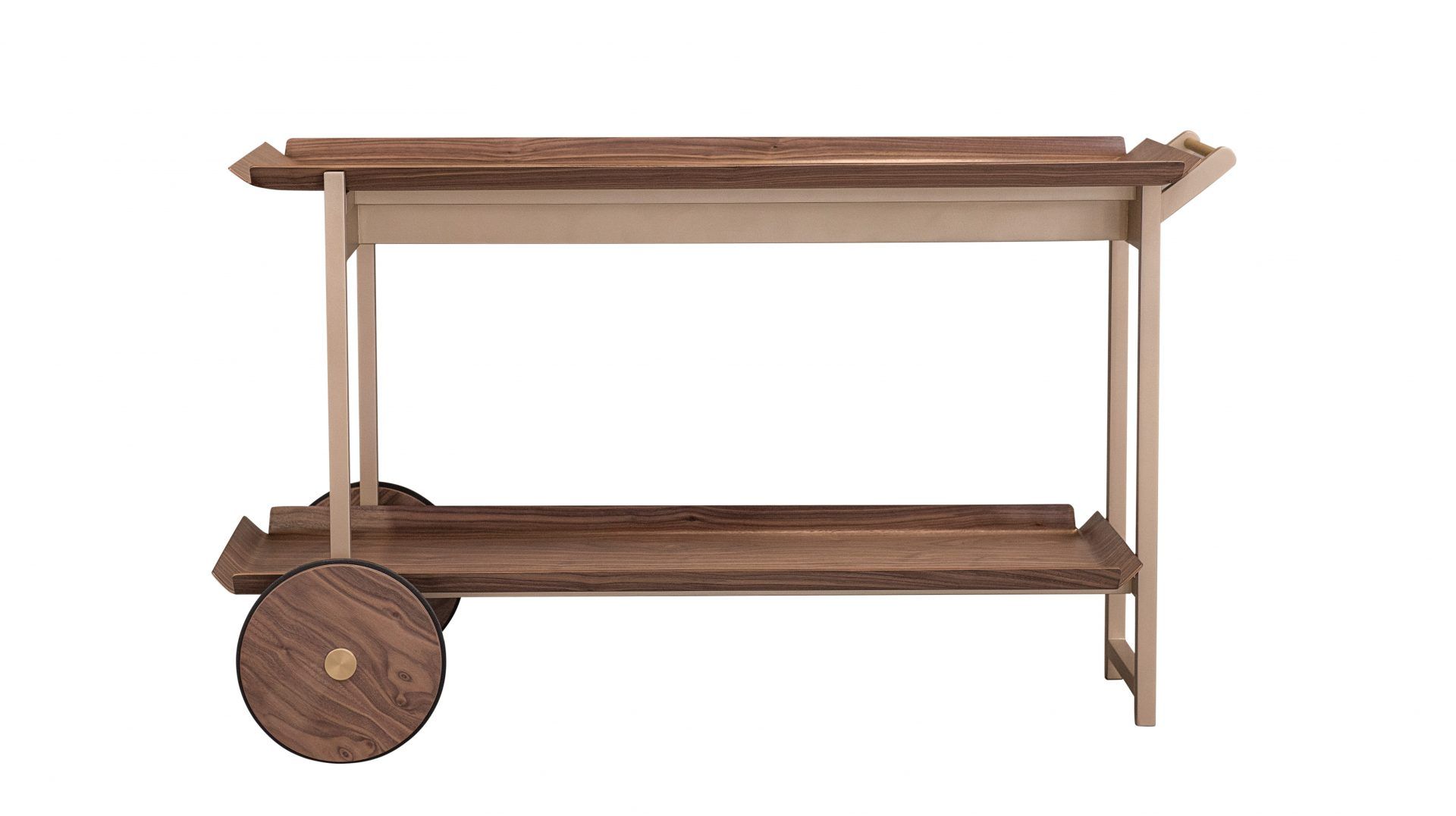 Carrinho de madeira com prateleira, detalhes em madeira escura, uma roda visível, estrutura bege.