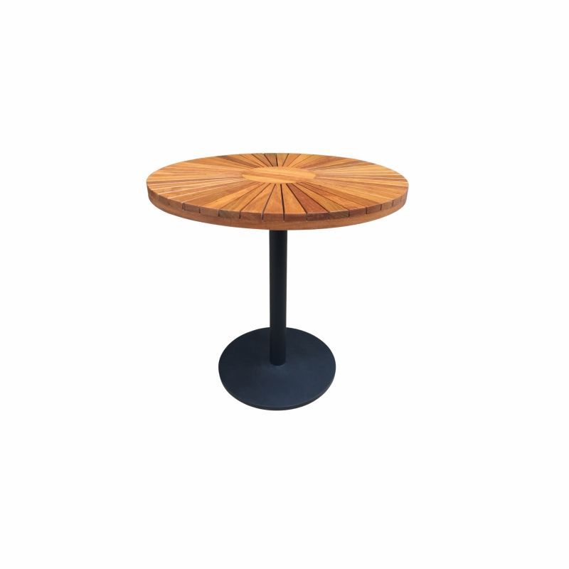 Mesa redonda de madeira com base de metal preta.