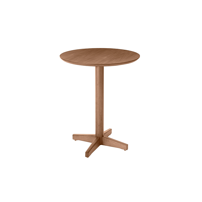 Mesa redonda de madeira, da altura de um pub, com uma única perna central e base de quatro pontas.