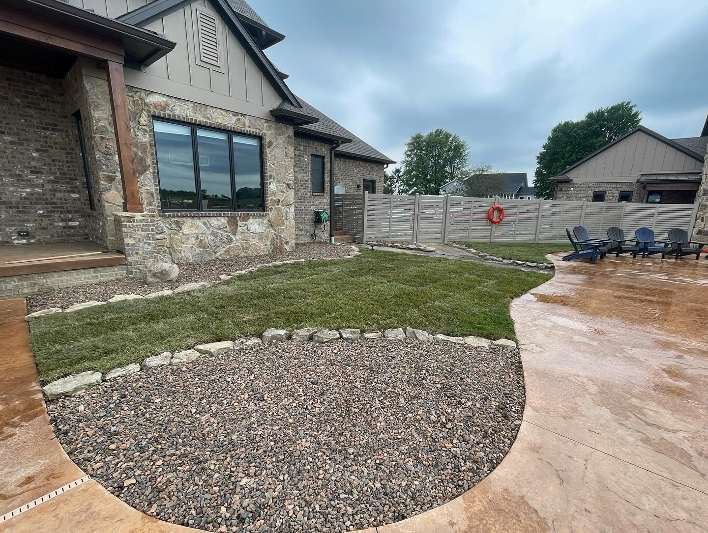 House exterior with stone facade and small yard.  Green grass, gravel border, and wooden fence. Overcast sky.