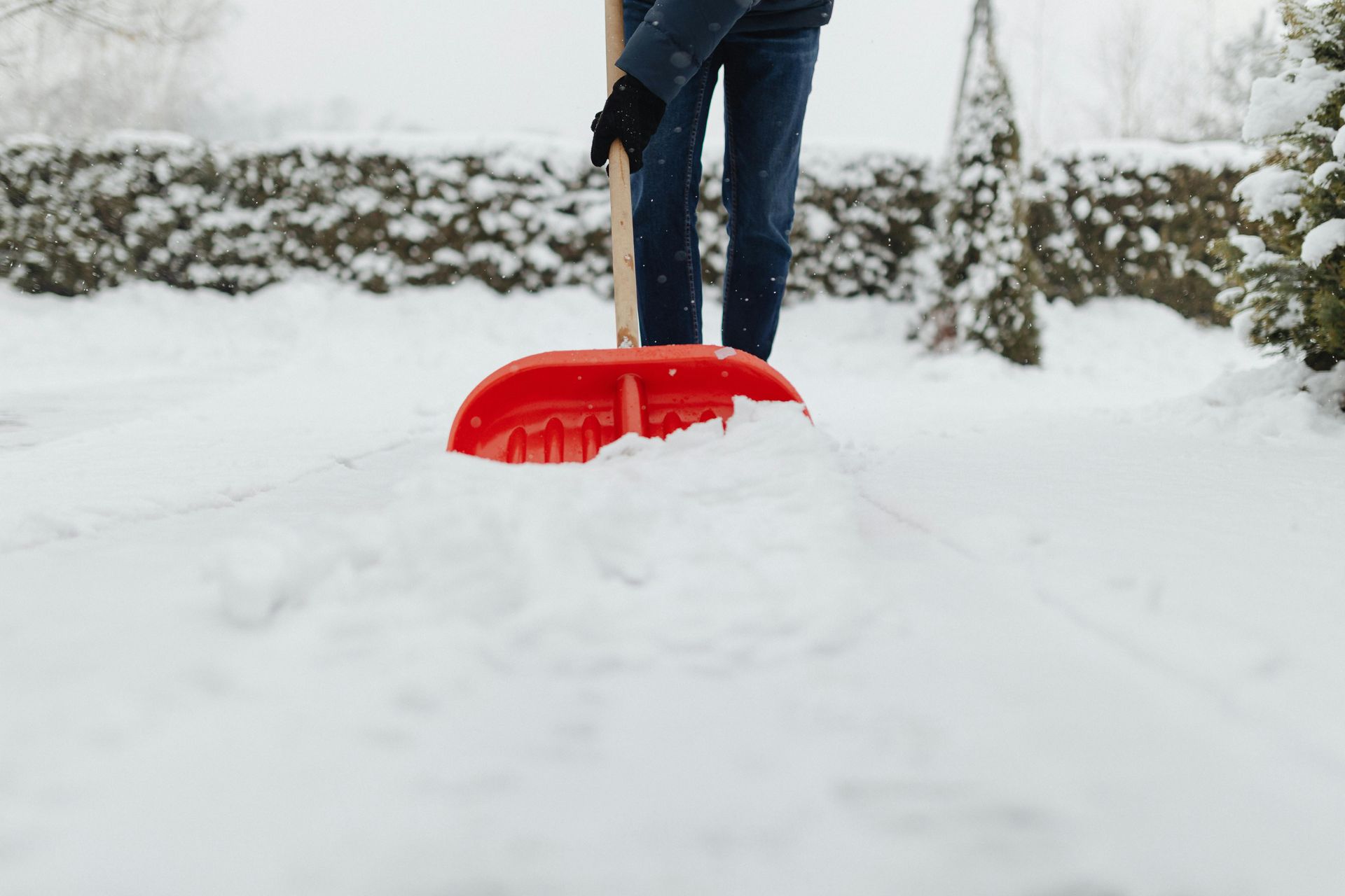 Person shoveling snow with a red shovel in a snowy outdoor setting.