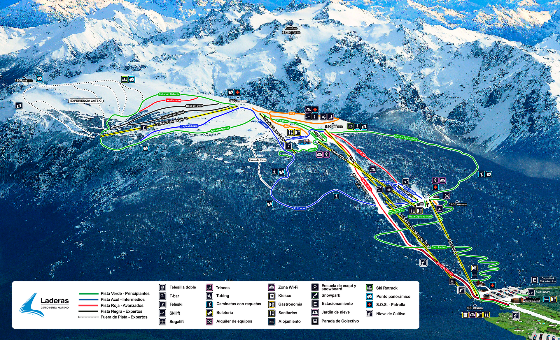 Mapa de estación de esquí con remontes, senderos y edificios, situado en montañas nevadas.