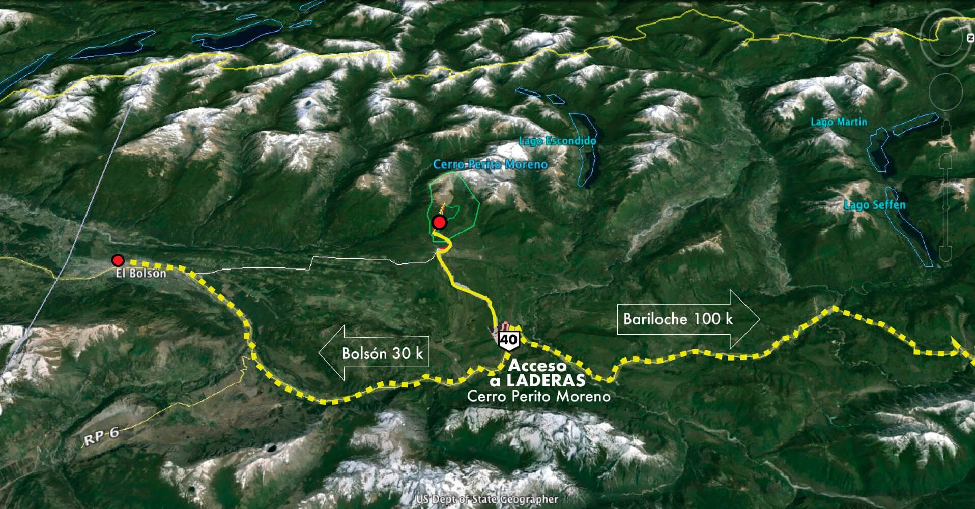 Un mapa de una cadena montañosa con una línea amarilla que la atraviesa.