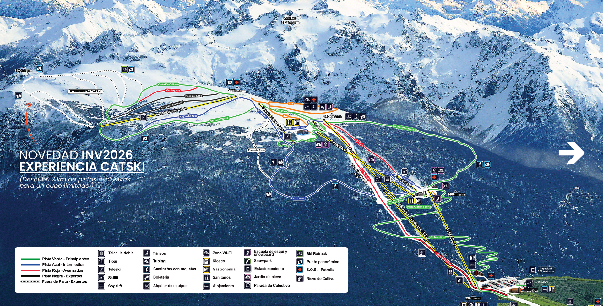Mapa de estación de esquí con remontes, senderos y edificios, situado en montañas nevadas.