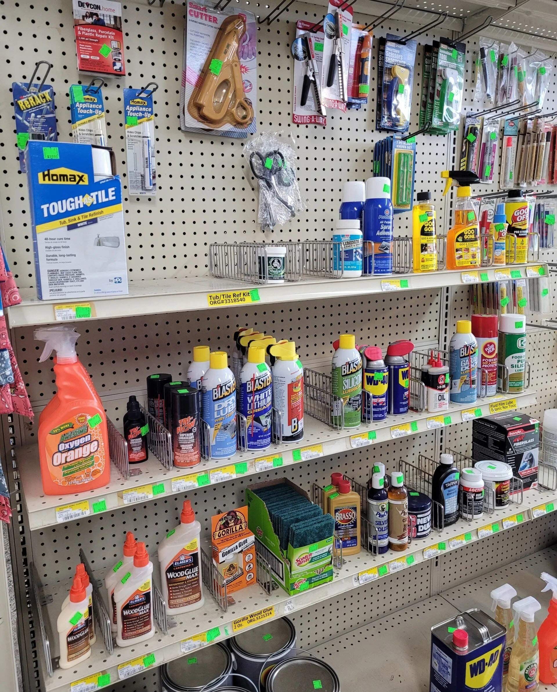 Store Shelf Filled With Lots of Cleaning Products — Hattiesburg, MS — McElhaney Plumbing & Hardware Inc