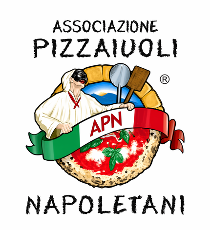 Logo dell’Associazione Pizzaiuoli Napoletani con pizza, bandiera italiana e cuoco.