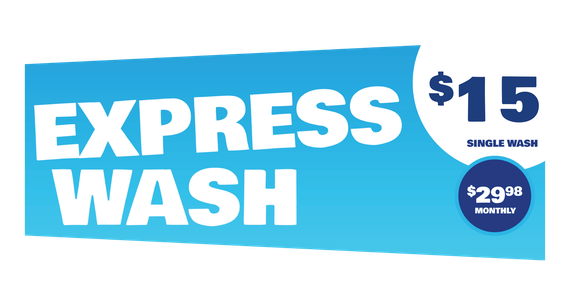 a blue sign that says express wash for $ 15