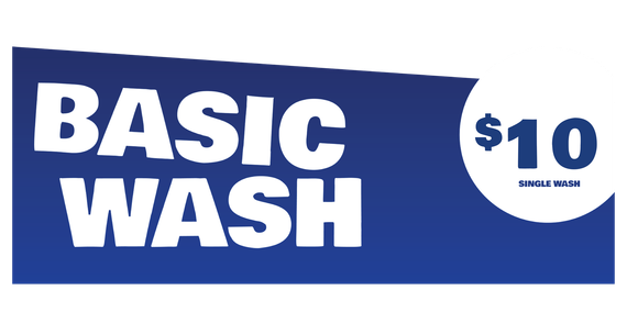 a blue sign that says basic wash for $10