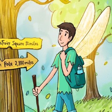 A cartoon of a man with fairy wings walking towards fairy square