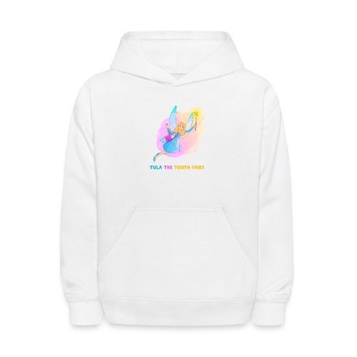 A white hoodie with a rainbow angel on it.