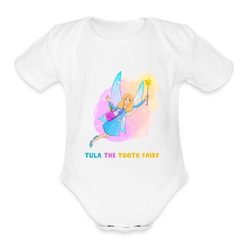 A baby onesie with a tooth fairy on it