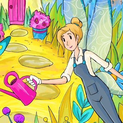 A fairy is watering flowers with a pink watering can