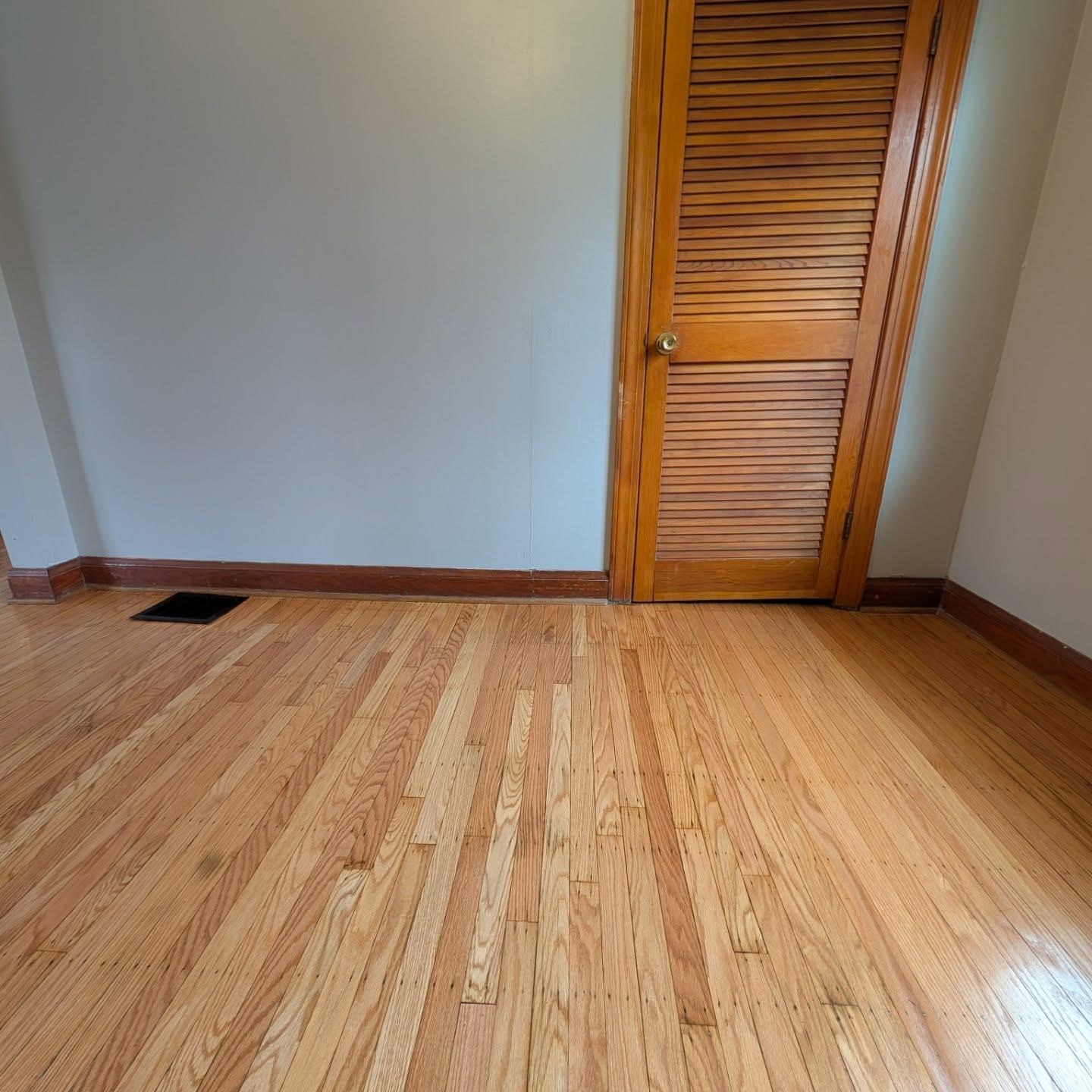 Empty room with light wood floor, white walls, and a wooden closet door.