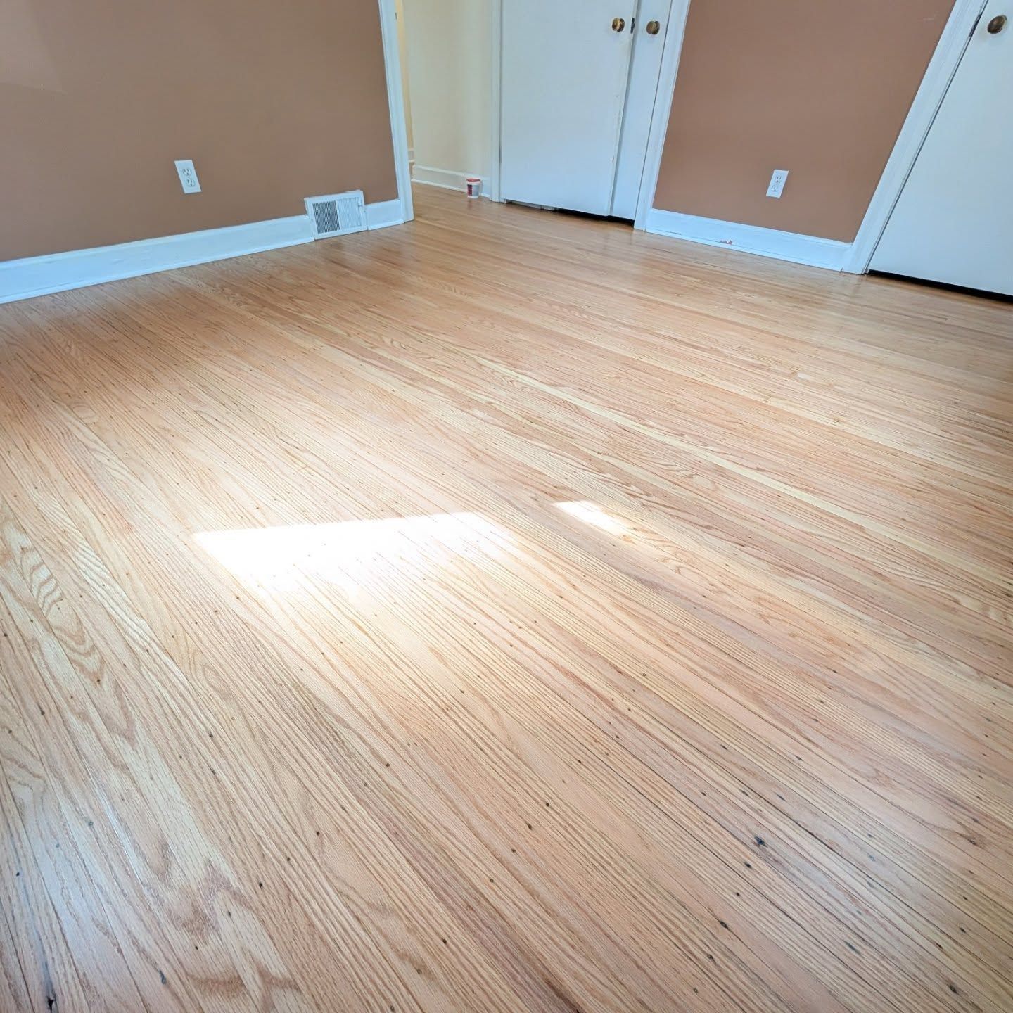Empty room with light wood flooring, tan walls, white trim, and sunlight on the floor