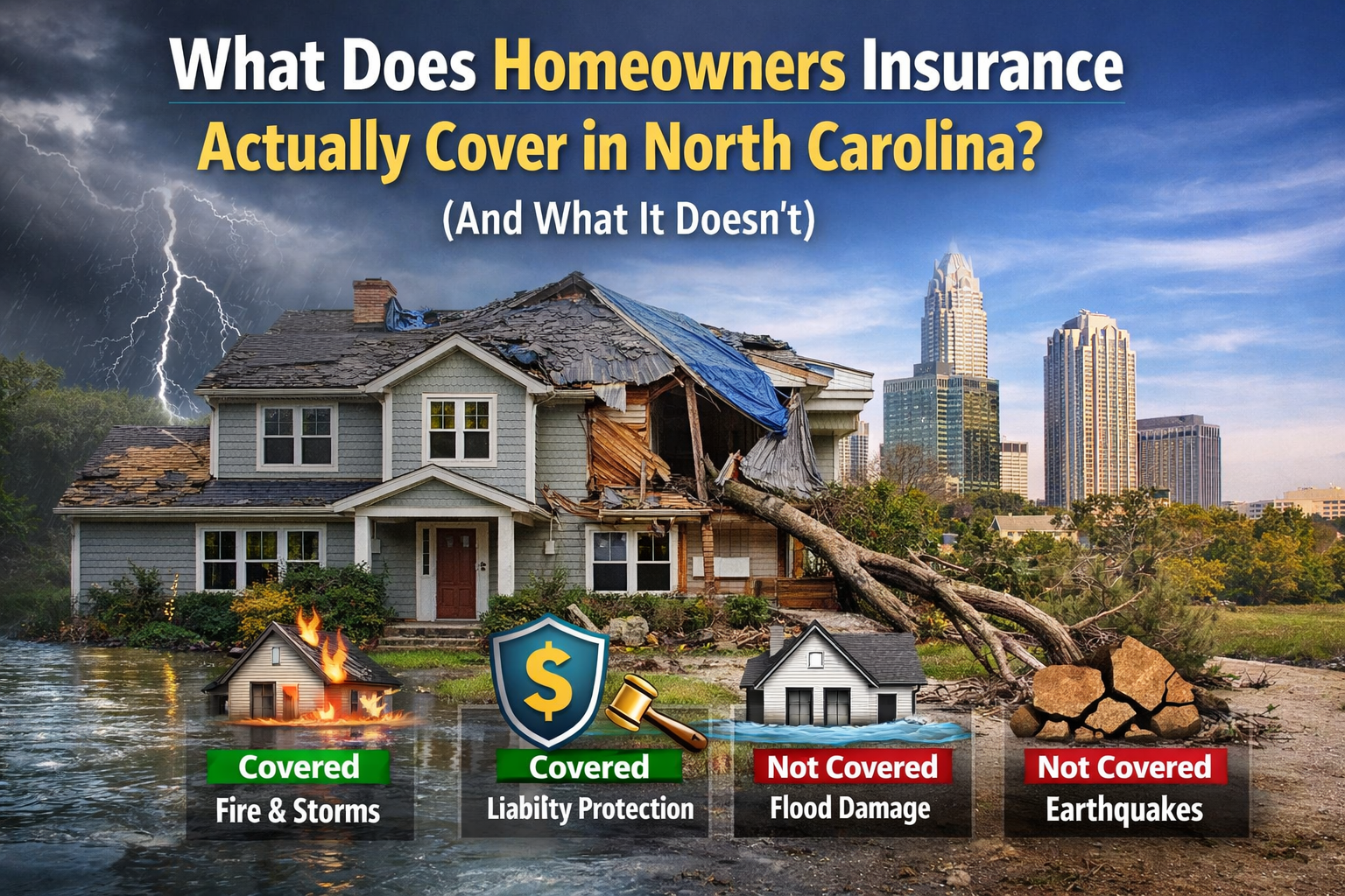 Infographic: Homeowner's insurance coverage in North Carolina.  Covers fire/storms and liability, not flood damage or earthquakes.