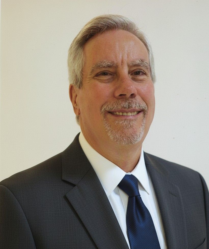 Man in a dark suit with a blue tie smiling, standing against a white background.