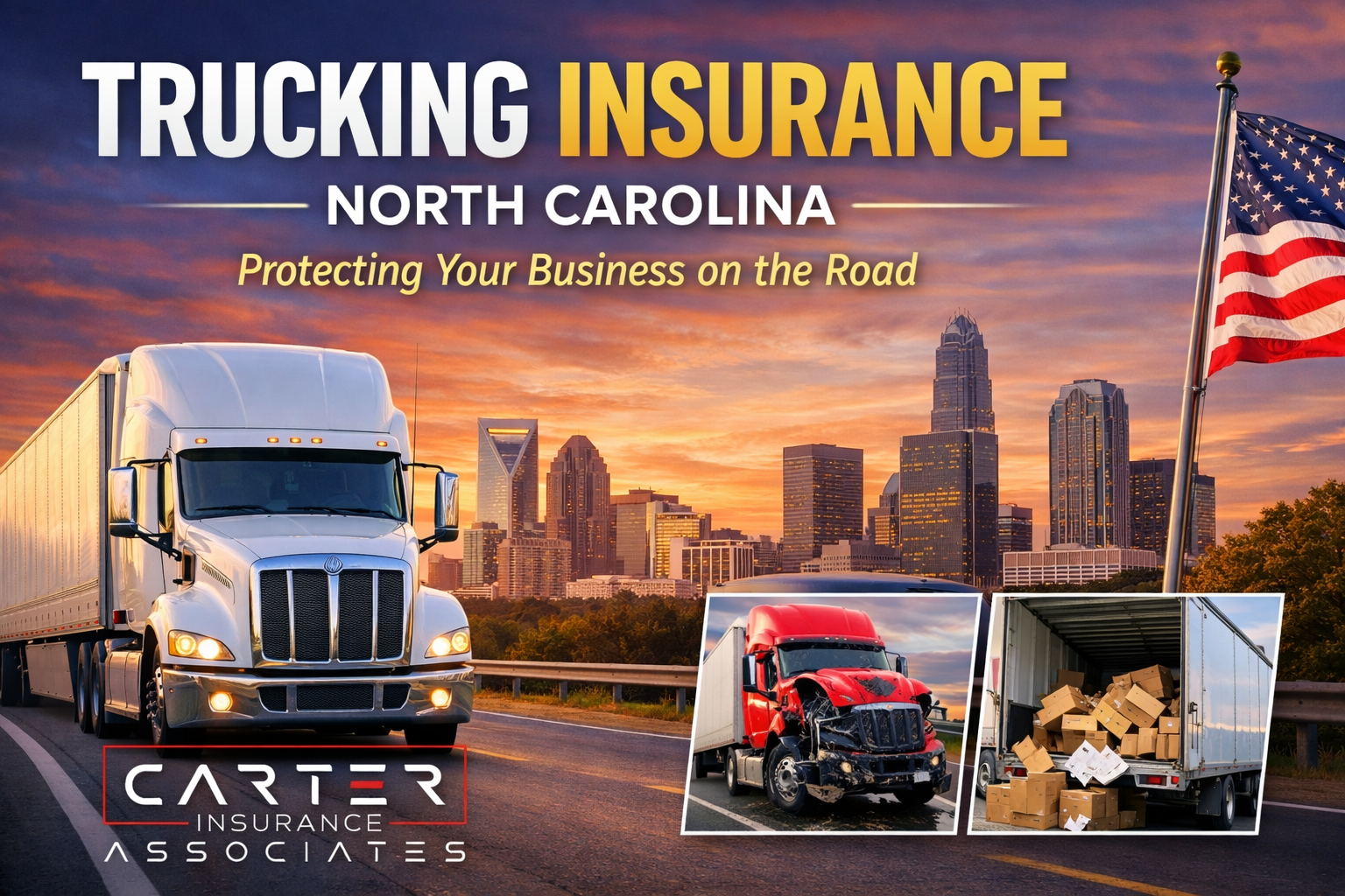 Trucking insurance in North Carolina with semi trucks on highway and Carter Insurance Associates