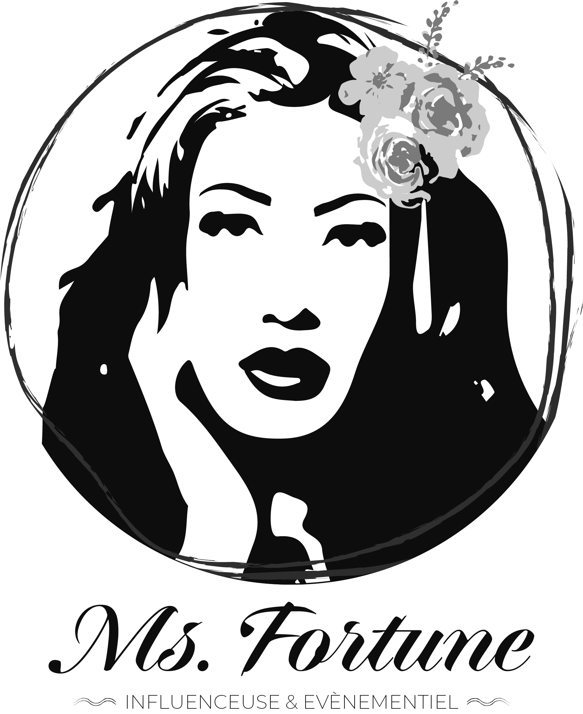 Un dessin en noir et blanc représentant un visage de femme avec une fleur dans les cheveux.