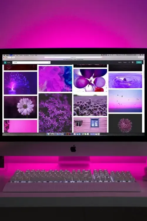 Un écran d'ordinateur avec un tas d'images violettes dessus