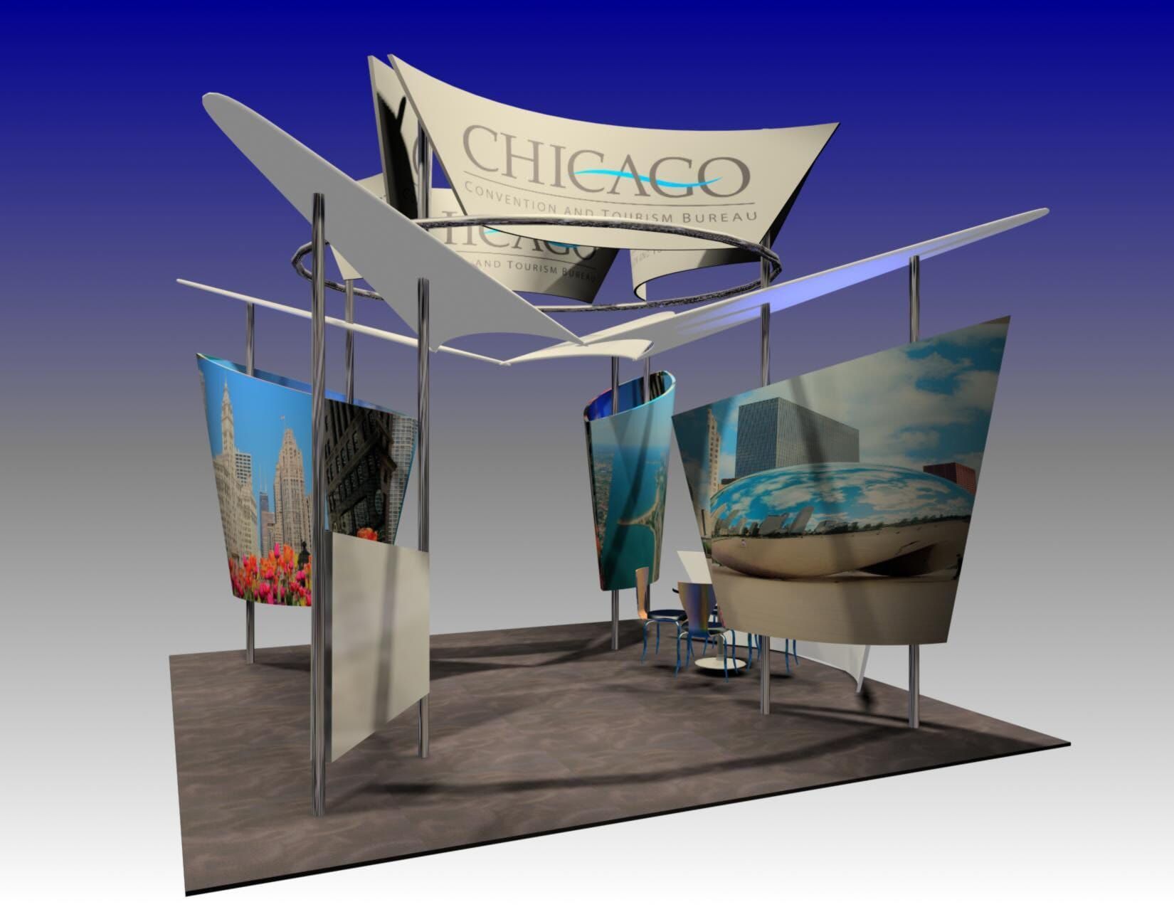 Chicago tourism booth, featuring large curved displays with city images and a canopy with the Chicago logo.
