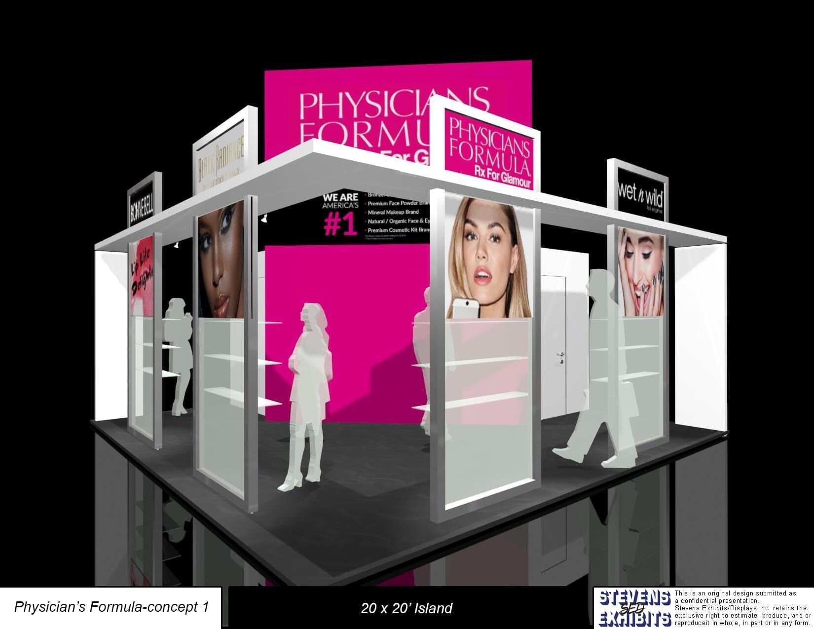 Exhibition booth with pink “Physician’s Formula” branding and fashion posters on white panels