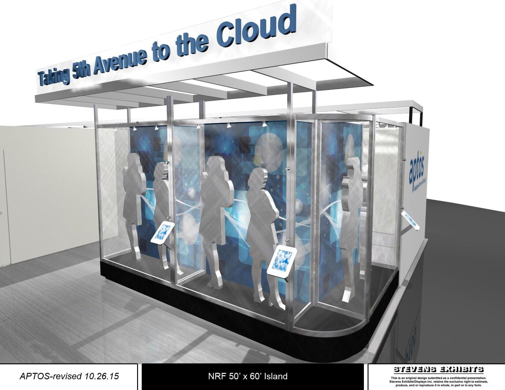 An exhibit booth with figures interacting with tablets, 
