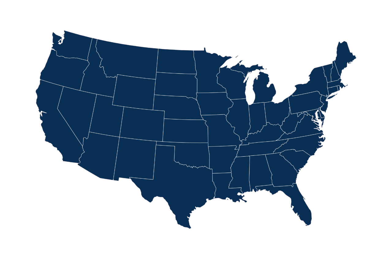 Map of the United States with state boundaries and names, including Alaska and a U.S. flag.