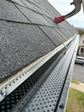 Gutter with mesh cover, filled with leaves, on a roof with fall foliage in the background.