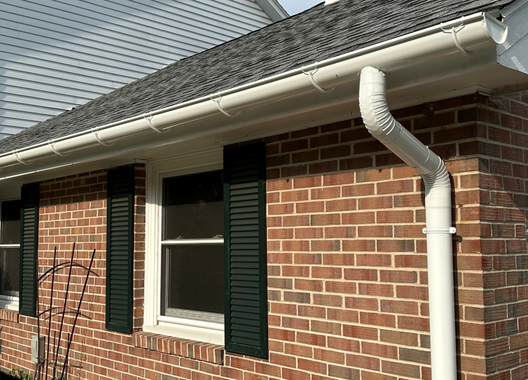 Gutter with mesh cover on a roof; filled with leaves, against a blurred autumn background.