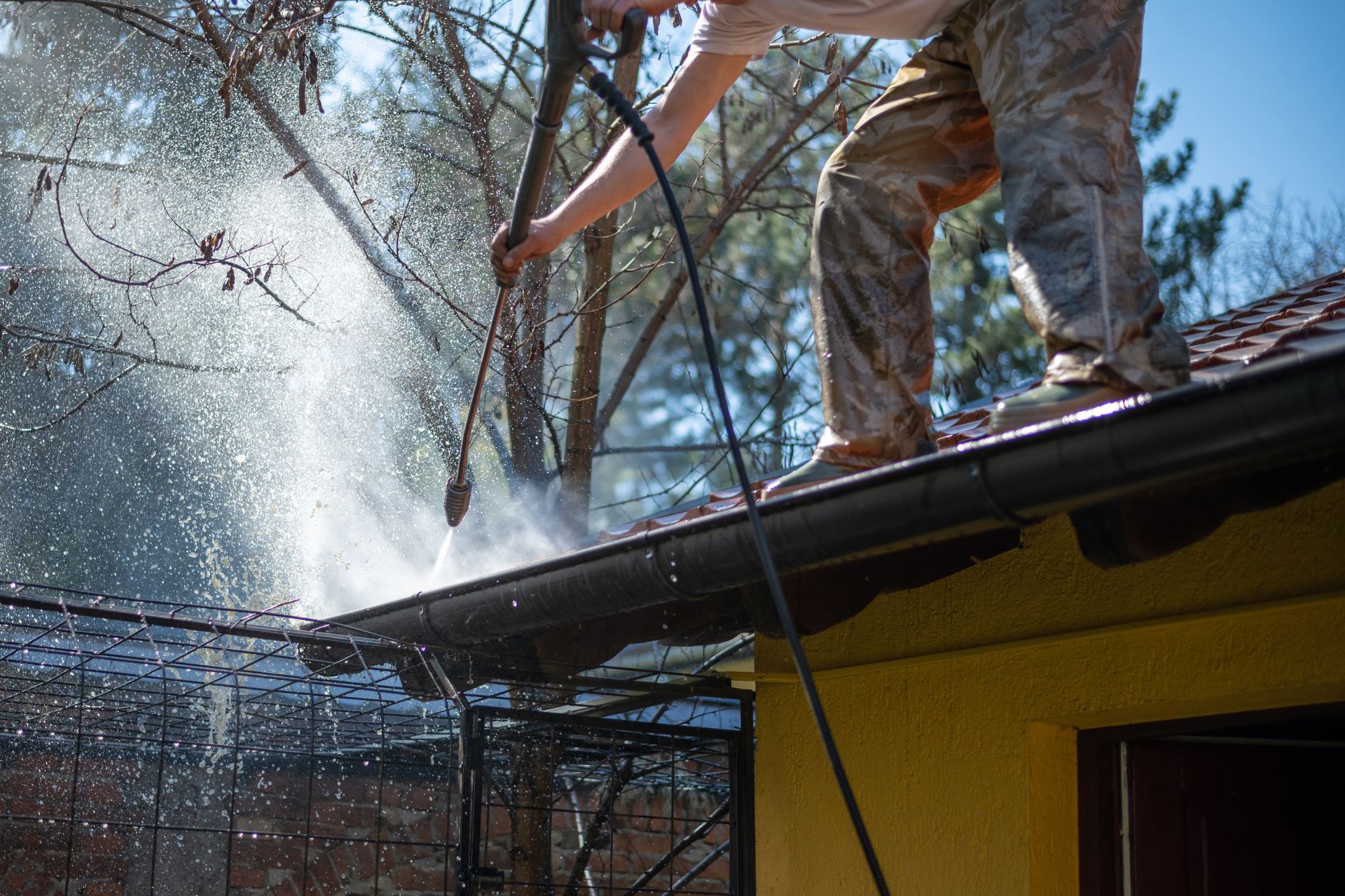 Two people on a roof spraying water toward a tree beside a yellow house