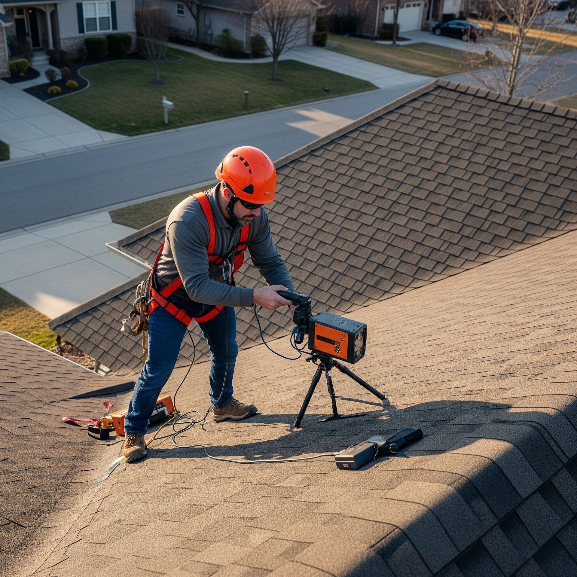 A man wearing an orange helmet is working on a roof