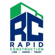 A logo for a construction company called rapid construction management corp.