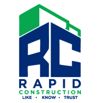 A logo for a construction company called rapid construction management corp.