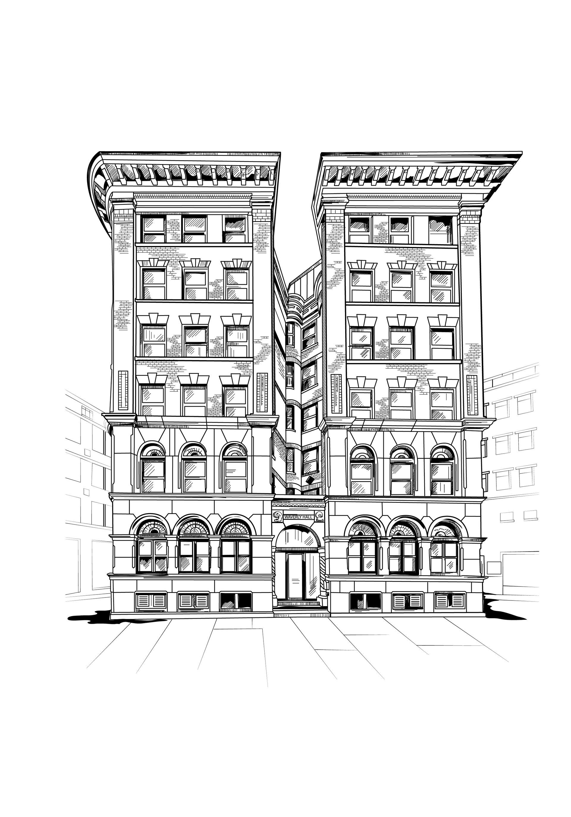 A black and white drawing of a building in the shape of the letter m.