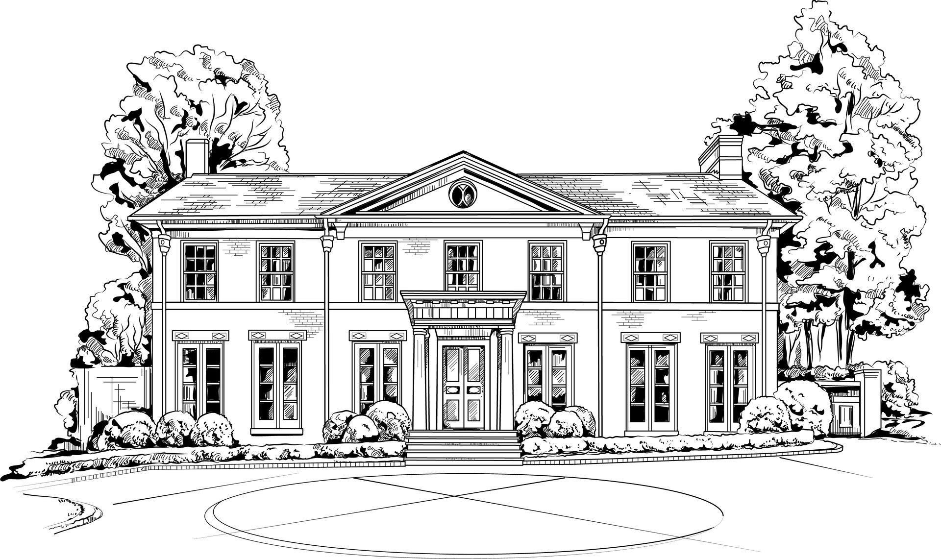 A black and white drawing of a large house with trees in front of it.