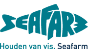 Het logo van Seafarm in de vorm van een turquoise vis met de tekst 