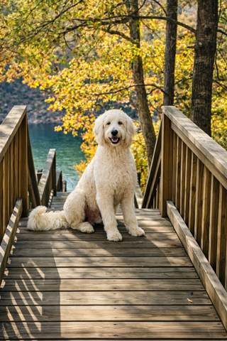 Smiling dog with brown and cream fur, wearing a black collar. Indoors, grooming setting.