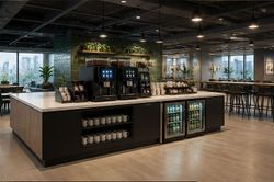Modern café with a central coffee counter, beverage machines, and seating in an open, industrial-style space