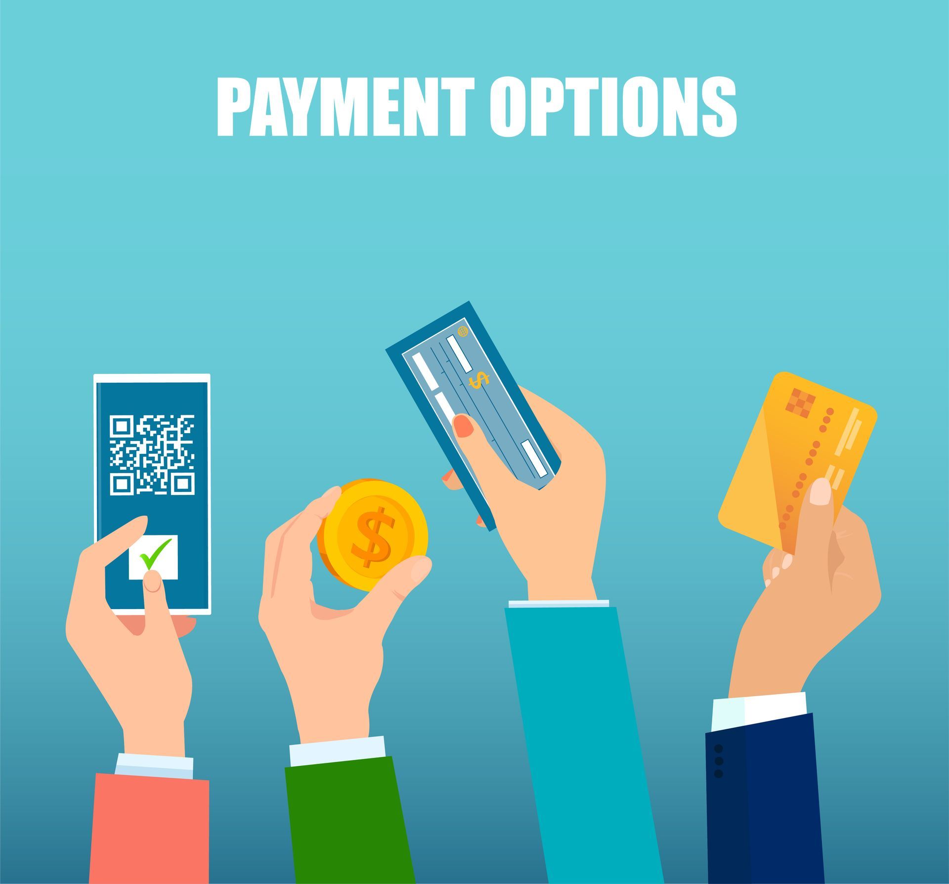 Hands holding payment methods: smartphone QR code, coin, credit card, and debit card. Hands holding payment methods: smartphone QR code, coin, credit card, and debit card.