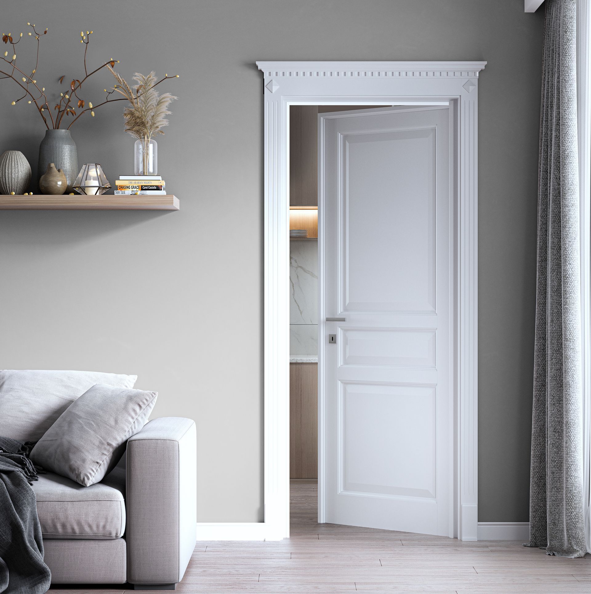 White interior door in a gray-walled room, next to a sofa and a shelf with decorative items.