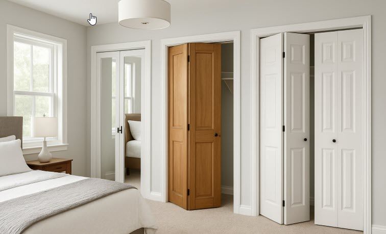 Bedroom with a bed, two windows, and three folding closet doors in white and wood. Bedroom with a bed, two windows, and three folding closet doors in white and wood.