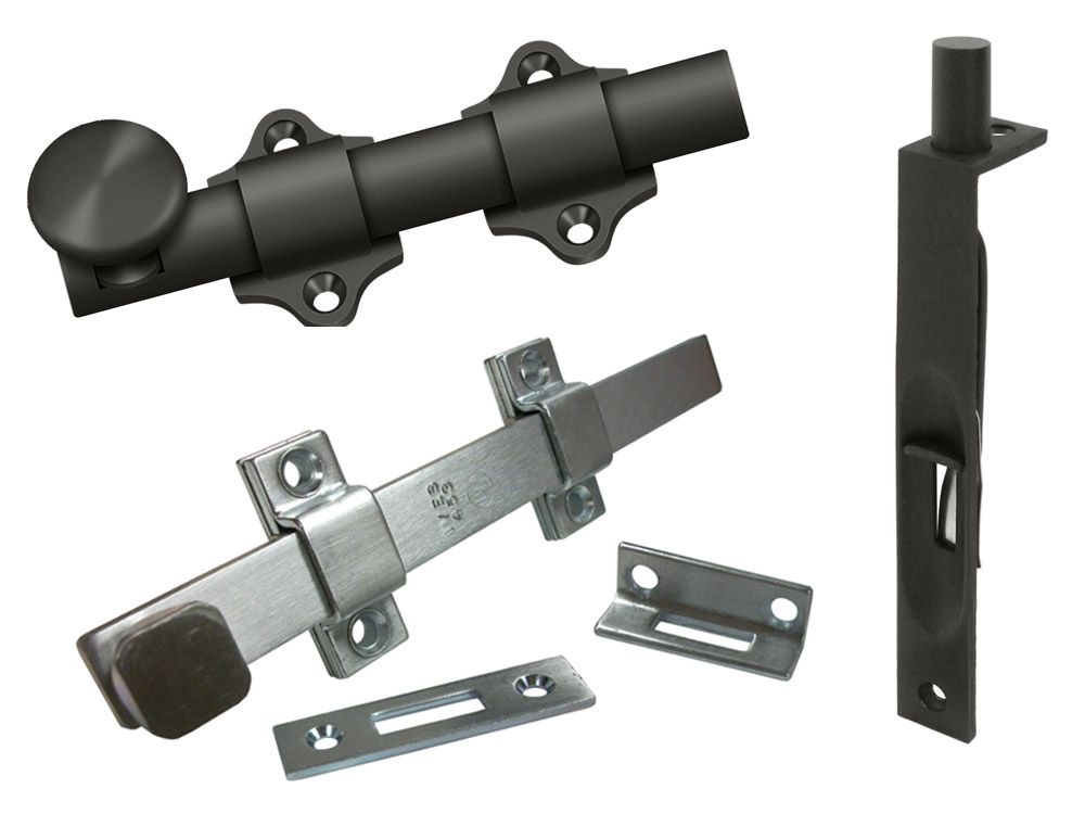 Black and silver door bolts and catches on a white background. Black and silver door bolts and catches on a white background.