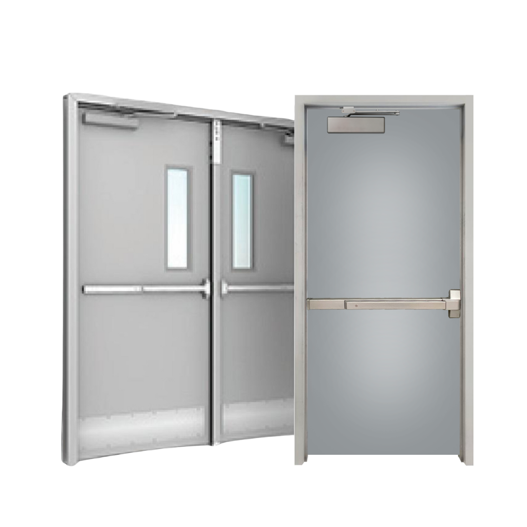Gray metal emergency exit doors with push bars, a window, and overhead closures. Gray metal emergency exit doors with push bars, a window, and overhead closures.