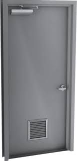 Gray metal door with a vent and automatic door closer. Gray metal door with a vent and automatic door closer.