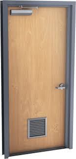 Wooden door with gray frame, hardware, and vent near the bottom. Wooden door with gray frame, hardware, and vent near the bottom.